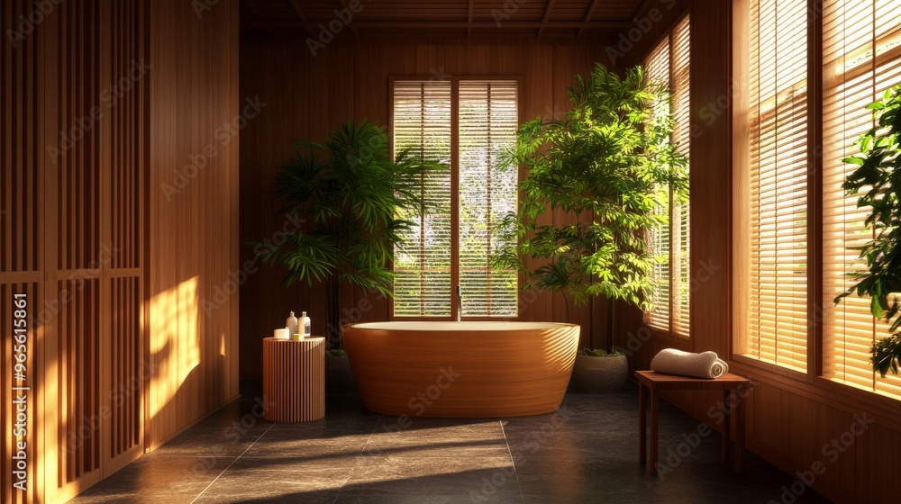 Serene wooden bathroom with a modern bathtub, surrounded by green plants and natural light streaming through large windows. Serene wooden bathroom with a modern bathtub, surrounded by green plants and natural light streaming through large windows.