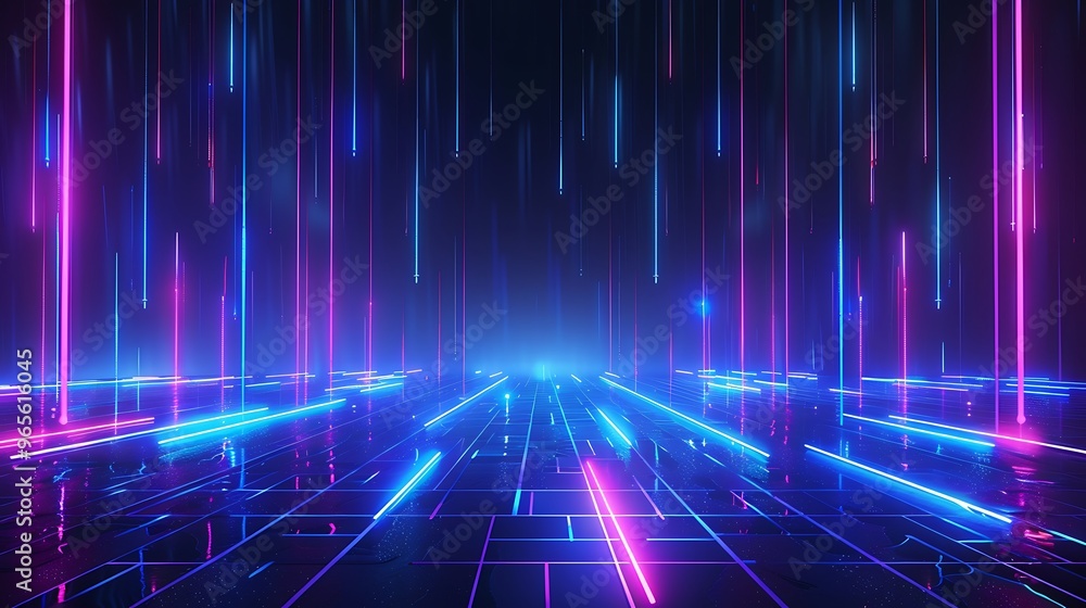 A vibrant futuristic scene with glowing neon lines creating a dynamic digital landscape in stunning colors. Stage for product presentation. A vibrant futuristic scene with glowing neon lines creating a dynamic digital landscape in stunning colors. Stage for product presentation.
