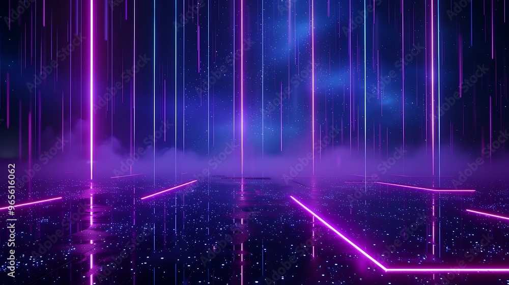 A vibrant futuristic scene with neon lights and mist, creating a captivating digital landscape. Stage for product presentation. A vibrant futuristic scene with neon lights and mist, creating a captivating digital landscape. Stage for product presentation.