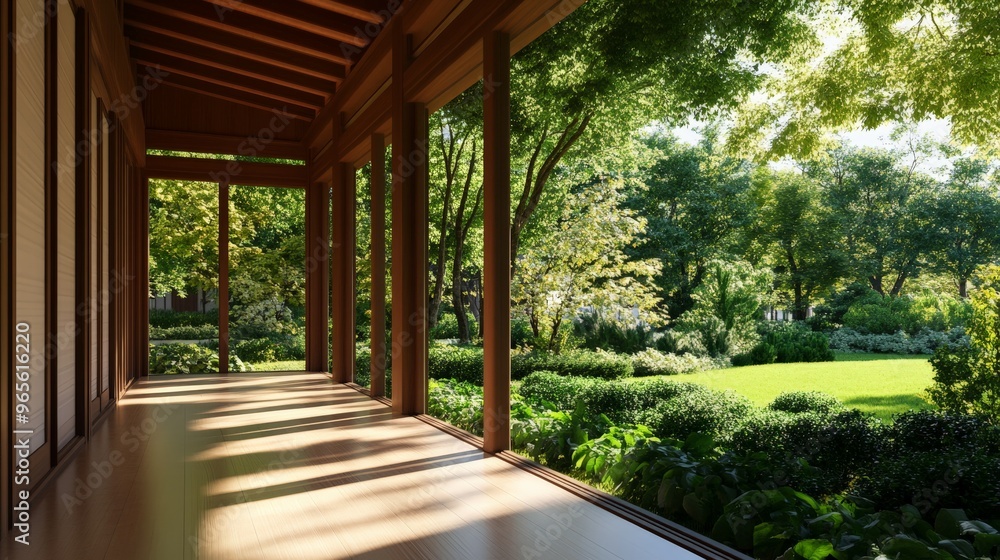 Serene wooden veranda overlooking a lush, green garden with trees and neatly trimmed bushes, offering a peaceful retreat in nature. Serene wooden veranda overlooking a lush, green garden with trees and neatly trimmed bushes, offering a peaceful retreat in nature.