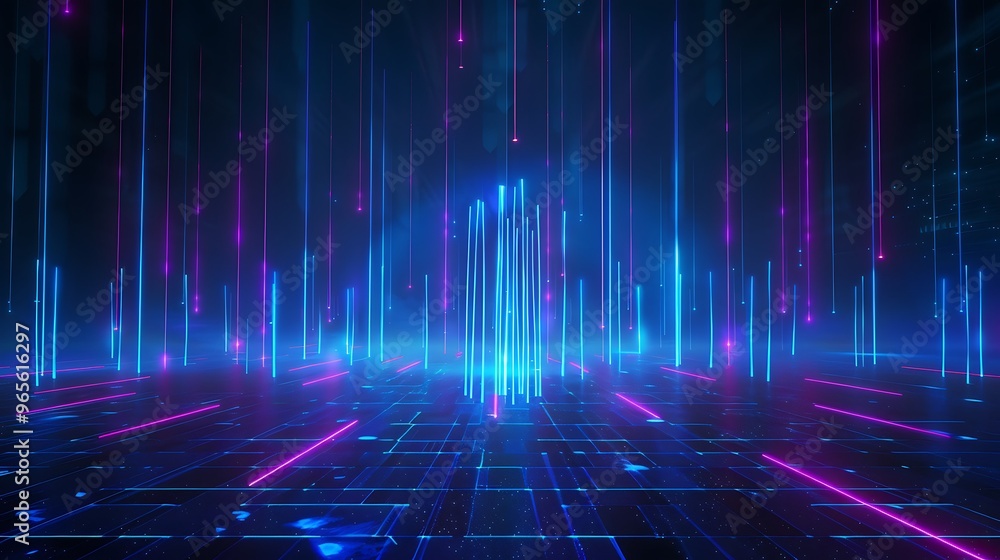 A vibrant, futuristic abstract scene featuring dynamic neon lights and glowing patterns, perfect for technology and digital themes. Stage for product presentation. A vibrant, futuristic abstract scene featuring dynamic neon lights and glowing patterns, perfect for technology and digital themes. Stage for product presentation.