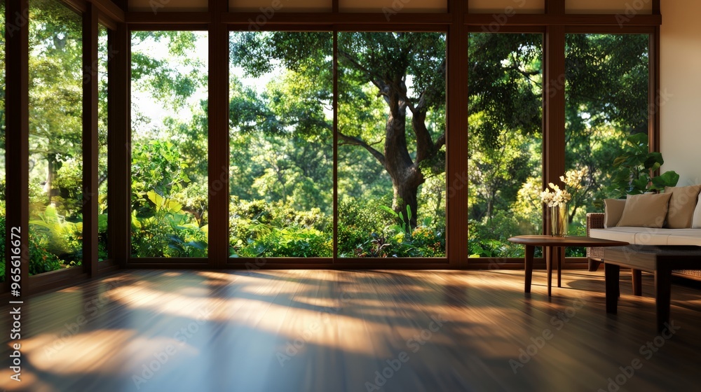 Spacious sunlit room with large floor-to-ceiling windows overlooking lush green forest, creating a tranquil and natural atmosphere. Spacious sunlit room with large floor-to-ceiling windows overlooking lush green forest, creating a tranquil and natural atmosphere.