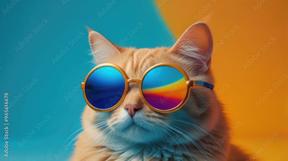 Cat wearing sunglasses isolated on a blue color background Cat wearing sunglasses isolated on a blue color background