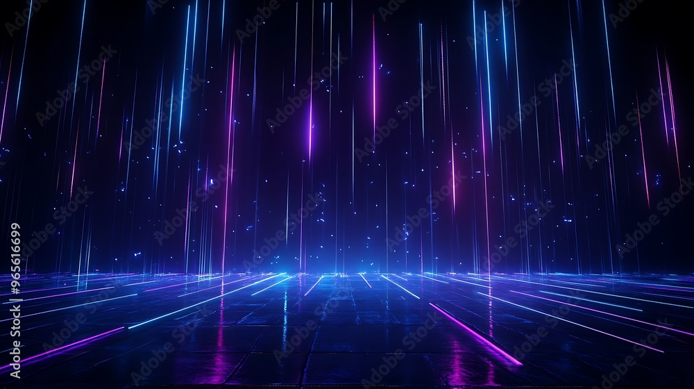 A vibrant neon background featuring colorful beams of light creating an energetic atmosphere, perfect for digital art and design. Stage for product presentation. A vibrant neon background featuring colorful beams of light creating an energetic atmosphere, perfect for digital art and design. Stage for product presentation.