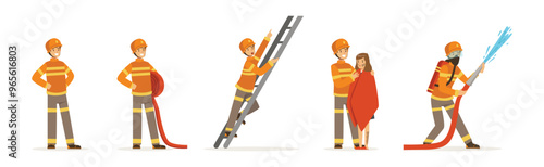 Man Firefighter Character Engaged in Rescue Operation Vector Set