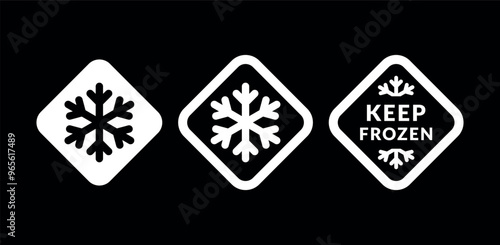 Keep frozen food vector label set inversion. Snowflake flat black icons on rhomboid shape symbol for packages, stickers, web, badges, logo, banner, poster.	