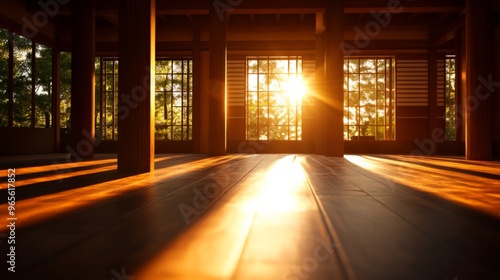 Sunlight streaming through a wooden framed window in a tranquil interior space, casting warm shadows on the floor.