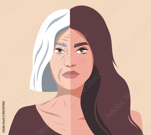 Skin aging. Young and old age. Two sides of an elderly gray-haired aging woman and a young beautiful girl, for advertising plastic surgery, anti-aging creams or cosmetic procedures