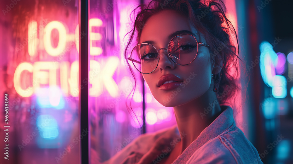 Stylish Portrait Of Woman With Neon Lights And Glasses Futuristic Cityscape Glow Stylish Portrait Of Woman With Neon Lights And Glasses Futuristic Cityscape Glow