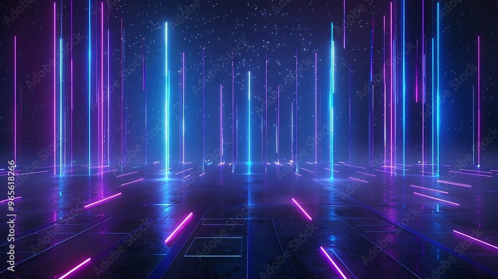 A vibrant neon light display with glowing vertical lines in a dark environment, creating a futuristic and immersive atmosphere. Stage for product presentation. A vibrant neon light display with glowing vertical lines in a dark environment, creating a futuristic and immersive atmosphere. Stage for product presentation.