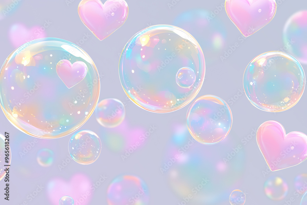 Colorful Floating Bubbles with Heart Shapes on Clear Background Colorful Floating Bubbles with Heart Shapes on Clear Background