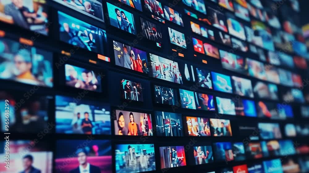 Streaming service interface showing multiple TV show and movie thumbnails on digital screen Streaming service interface showing multiple TV show and movie thumbnails on digital screen