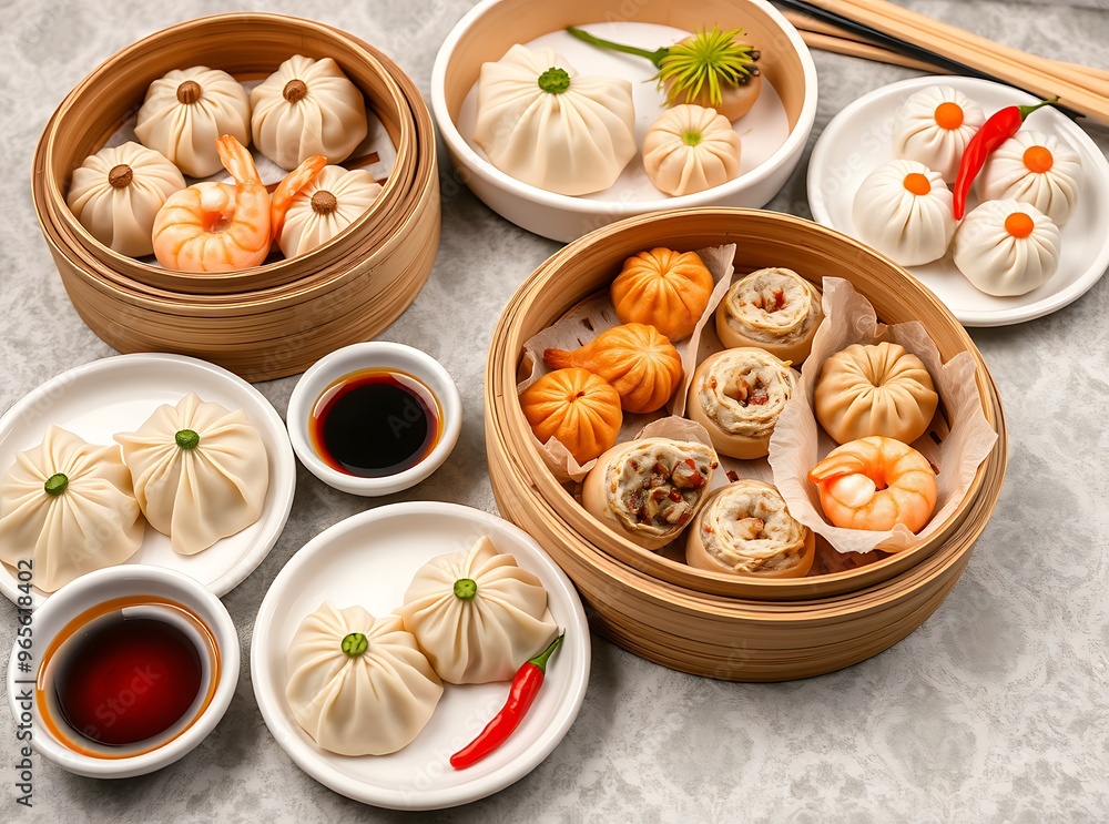 Delicious traditional Chinese dim sum in a bamboo steamer with garnish Delicious traditional Chinese dim sum in a bamboo steamer with garnish