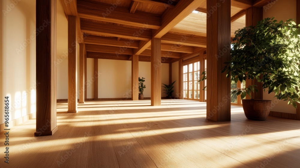 Sunlit empty room with wooden beams and large plants, showcasing a peaceful, spacious interior with natural light and zen ambiance. Sunlit empty room with wooden beams and large plants, showcasing a peaceful, spacious interior with natural light and zen ambiance.