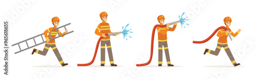 Man Firefighter Character Engaged in Rescue Operation Vector Set