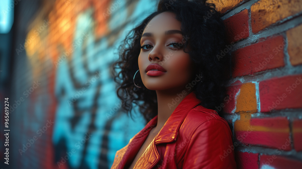 Naklejka premium Young Woman In Red Jacket Leaning Against Graffiti Brick Wall With Soft Sunset Light