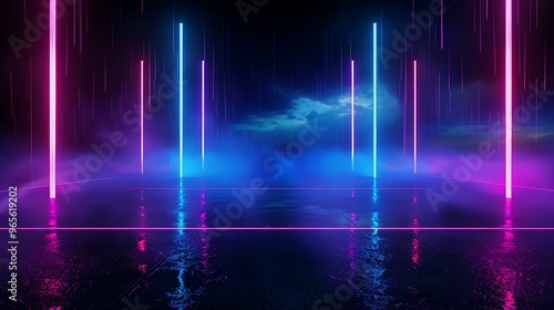 A vibrant scene featuring glowing neon lights and reflections, creating a futuristic atmosphere in a dark environment. Stage for product presentation.