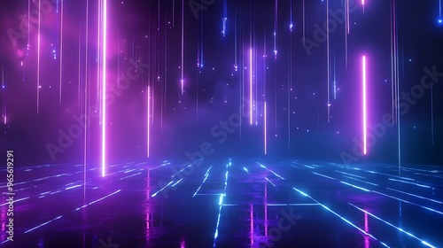 A vibrant scene of glowing neon lights and reflections, creating a futuristic atmosphere with colorful beams and mist. Stage for product presentation.