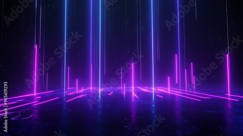 A vibrant scene of glowing neon lights in pink and blue, creating a futuristic atmosphere with reflective surfaces. Stage for product presentation.