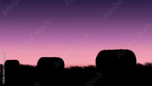 A rural landscape with fields and meadows dotted with hay bales after the harvest, flat color illustration