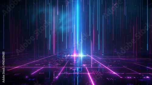 A vibrant, futuristic backdrop featuring neon lights and digital patterns, ideal for sci-fi, technology, and digital art themes. Stage for product presentation.