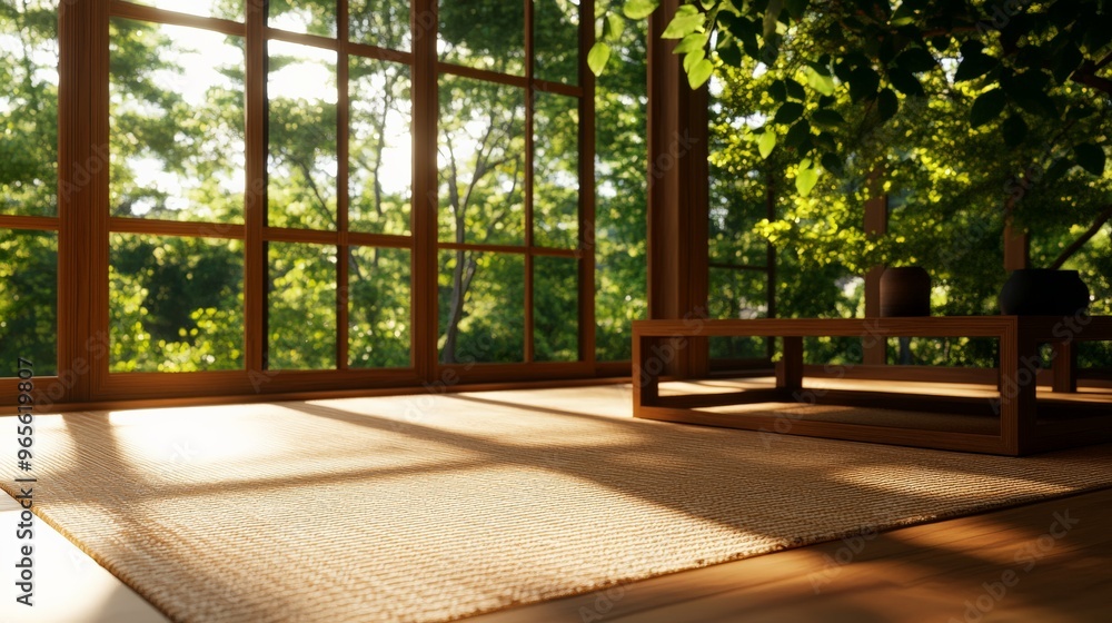 Sunlit room with large windows and indoor plants, featuring wooden furniture and a peaceful, natural ambiance. Sunlit room with large windows and indoor plants, featuring wooden furniture and a peaceful, natural ambiance.