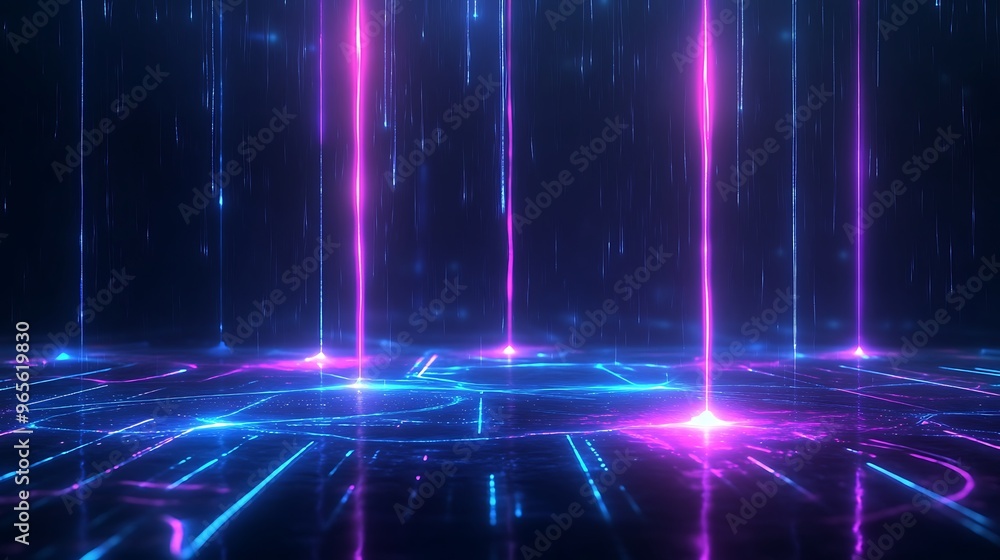 Abstract digital background featuring vibrant neon lights and beams, creating a futuristic atmosphere ideal for technology themes. Stage for product presentation. Abstract digital background featuring vibrant neon lights and beams, creating a futuristic atmosphere ideal for technology themes. Stage for product presentation.
