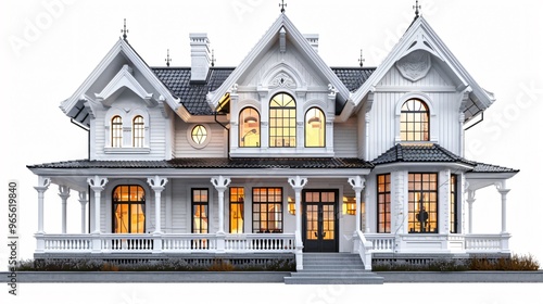 Elegant Victorian cottage it has steep gables and bay windows white background