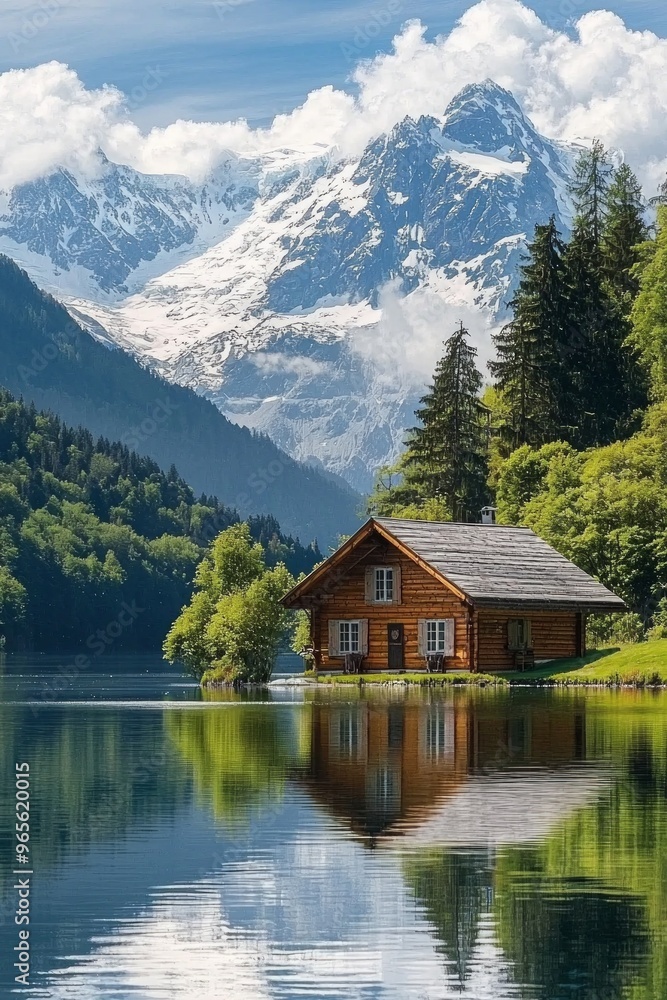 Fototapeta premium A small wooden cottage in front of a snow capped moutain at a beautiful lake with reflection