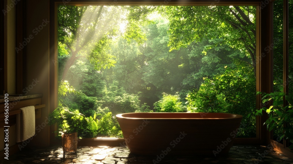 Sunlit wooden bathtub in a tranquil forest setting, surrounded by lush green vegetation and a calming natural ambiance.