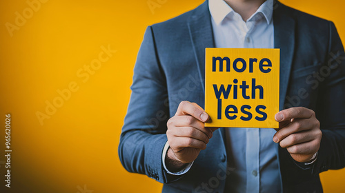 A businessman holds a block that reads 