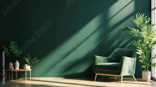 Modern living room interior, light and airy with green