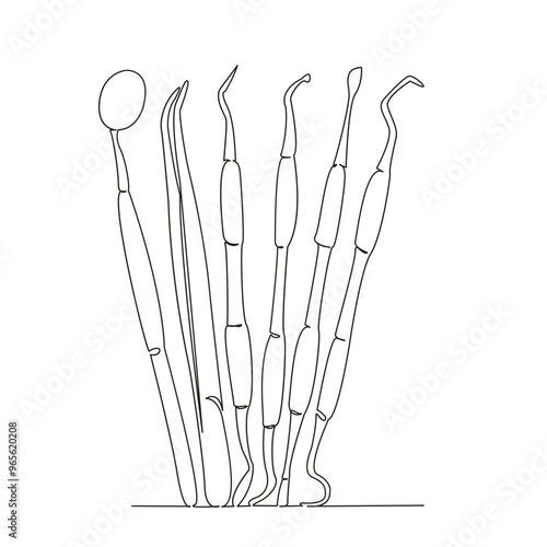 One continuous single drawing line art flat doodle tool, hygiene, dentistry, instrument, equipment, dentist, medicine, metal, clinic, dental. Isolated image hand draw contour on a white background
