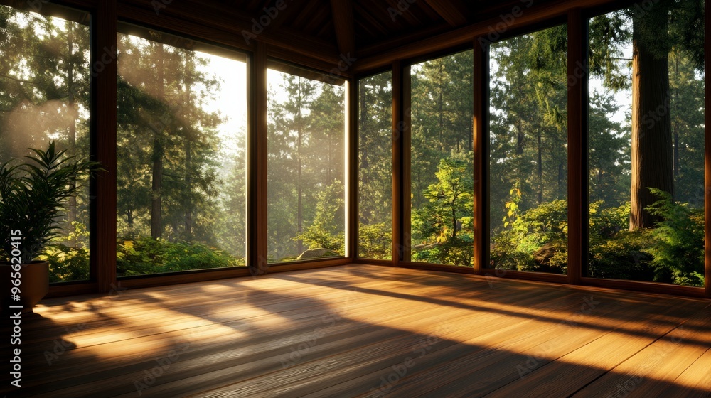 Sunlit wooden room with large windows offering a tranquil view of lush forest foliage, ideal for relaxation and peaceful reflection. Sunlit wooden room with large windows offering a tranquil view of lush forest foliage, ideal for relaxation and peaceful reflection.