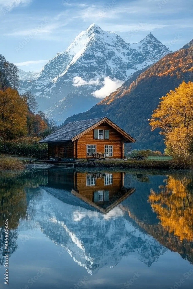 Fototapeta premium A small wooden cottage in front of a snow capped moutain at a beautiful lake with reflection 