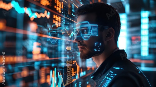 A futuristic portrait of a man analyzing digital data through augmented reality glasses under vibrant neon lights.