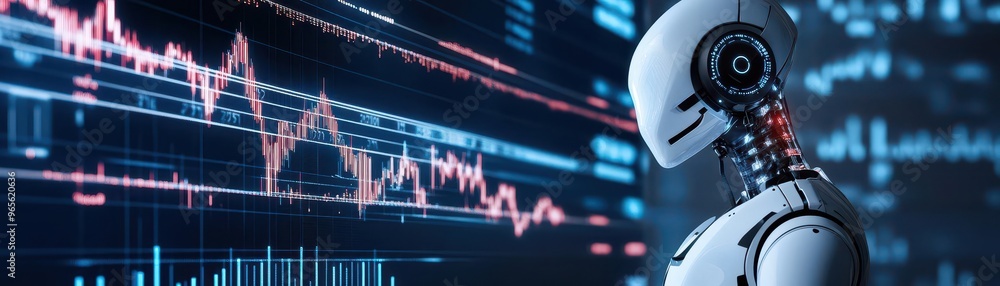 A futuristic robot analyzing data trends on a digital interface, showcasing technology and innovation in artificial intelligence. A futuristic robot analyzing data trends on a digital interface, showcasing technology and innovation in artificial intelligence.