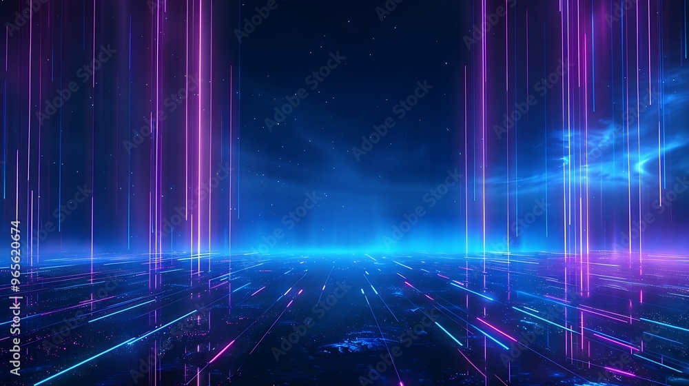 Dynamic neon lights create a futuristic landscape, blending colors and patterns in a mesmerizing digital space. Stage for product presentation. Dynamic neon lights create a futuristic landscape, blending colors and patterns in a mesmerizing digital space. Stage for product presentation.