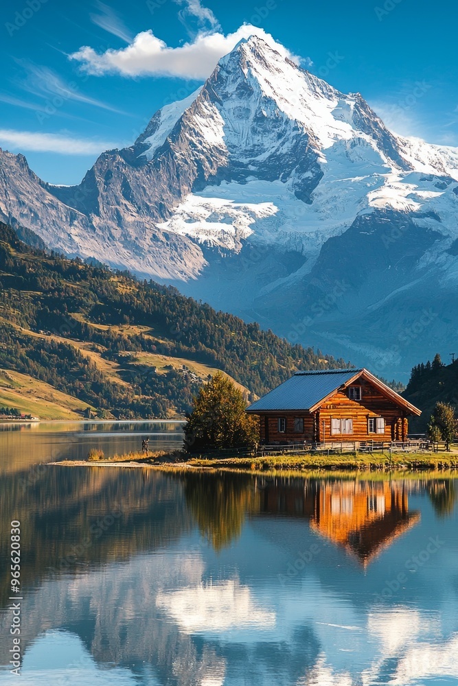 Fototapeta premium A small wooden cottage in front of a snow capped moutain at a beautiful lake with reflection 