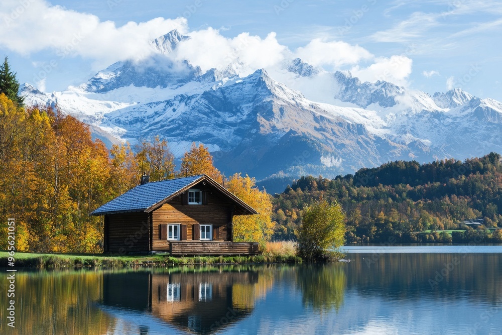 Fototapeta premium A small wooden cottage in front of a snow capped moutain at a beautiful lake with reflection 
