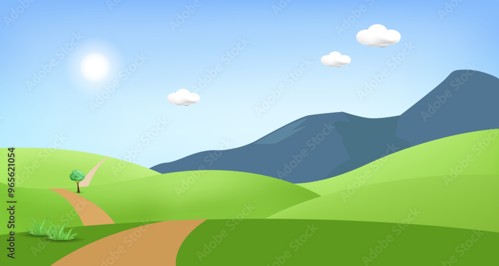 Fototapeta premium 3d landscape mountain and hills illustration with 3d trees, cloud and sun. vector illustration. 