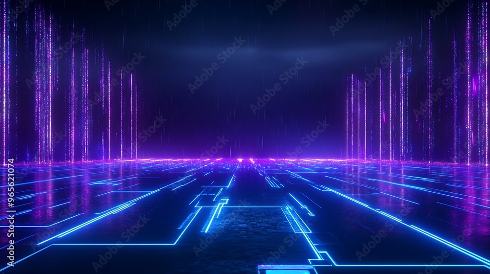 Futuristic abstract scene with glowing neon lines and illuminated pathways, perfect for tech and digital themes. Stage for product presentation. Futuristic abstract scene with glowing neon lines and illuminated pathways, perfect for tech and digital themes. Stage for product presentation.
