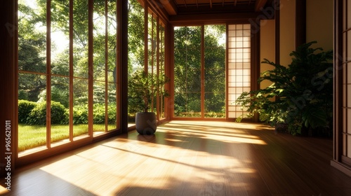 Tranquil Japanese-inspired room with large windows and lush greenery, capturing serene natural light and a peaceful atmosphere. photo