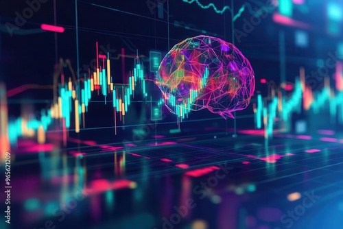 Colorful digital brain overlaid on a financial chart, symbolizing AI and data analysis in modern technology and finance. photo