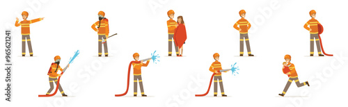 Man Firefighter Character Engaged in Rescue Operation Vector Set
