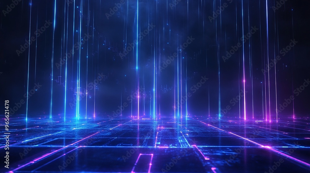 Futuristic digital background with vibrant neon lines creating a sense of depth and technology in a dark environment. Stage for product presentation. Futuristic digital background with vibrant neon lines creating a sense of depth and technology in a dark environment. Stage for product presentation.
