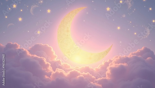 Glowing Crescent Moon Against Soft Lavender Sky with Swirling Gold Patterns for Milad un Nabi