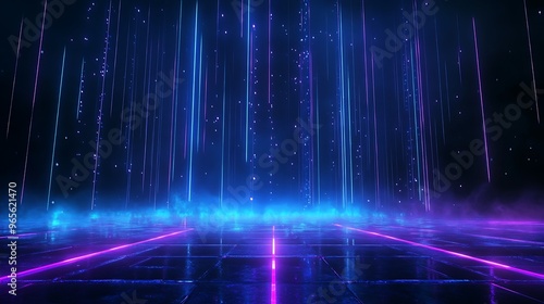 Futuristic digital background with vibrant neon lights and particle effects, creating a sci-fi atmosphere for creative projects. Stage for product presentation.