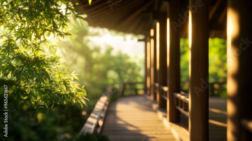 Tranquil wooden walkway in a lush green garden, bathed in warm sunlight, showcasing serene nature and peaceful outdoor surroundings.