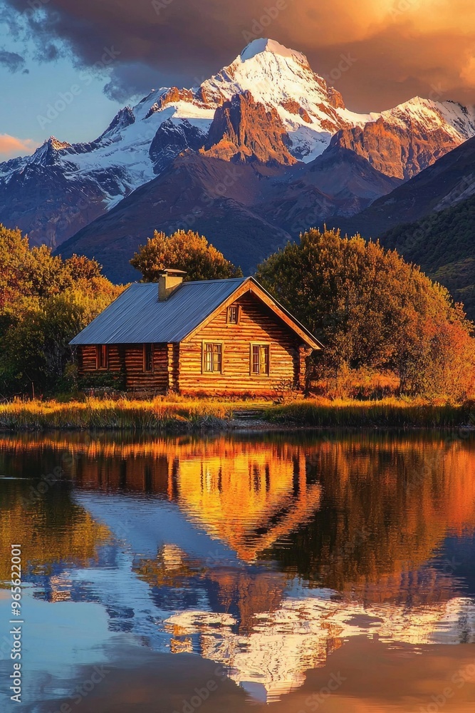 Fototapeta premium A small wooden cottage in front of a snow capped moutain at a beautiful lake with reflection 